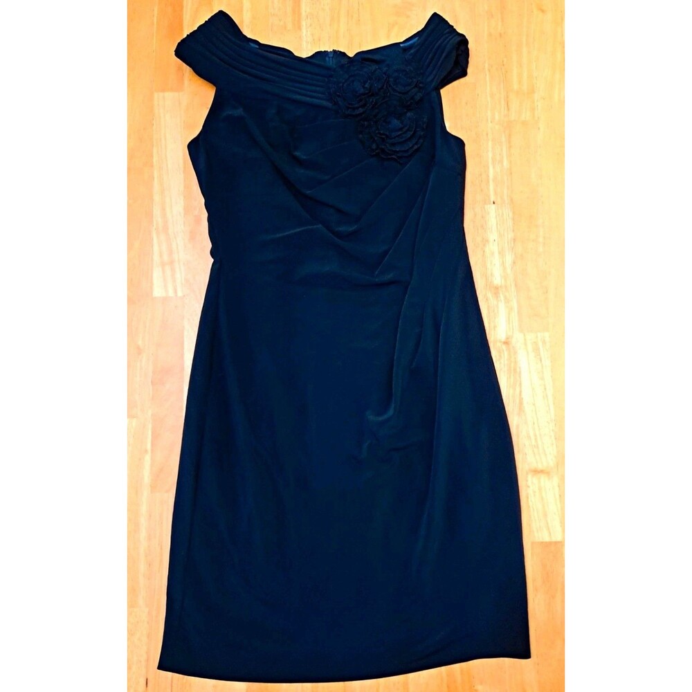 Adrianna Papell Womens Petite 10P Black Sheath Dress Sleeveless Floral Accent